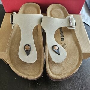 Cream Sandals with Cork Footbed and Adjustable Strap